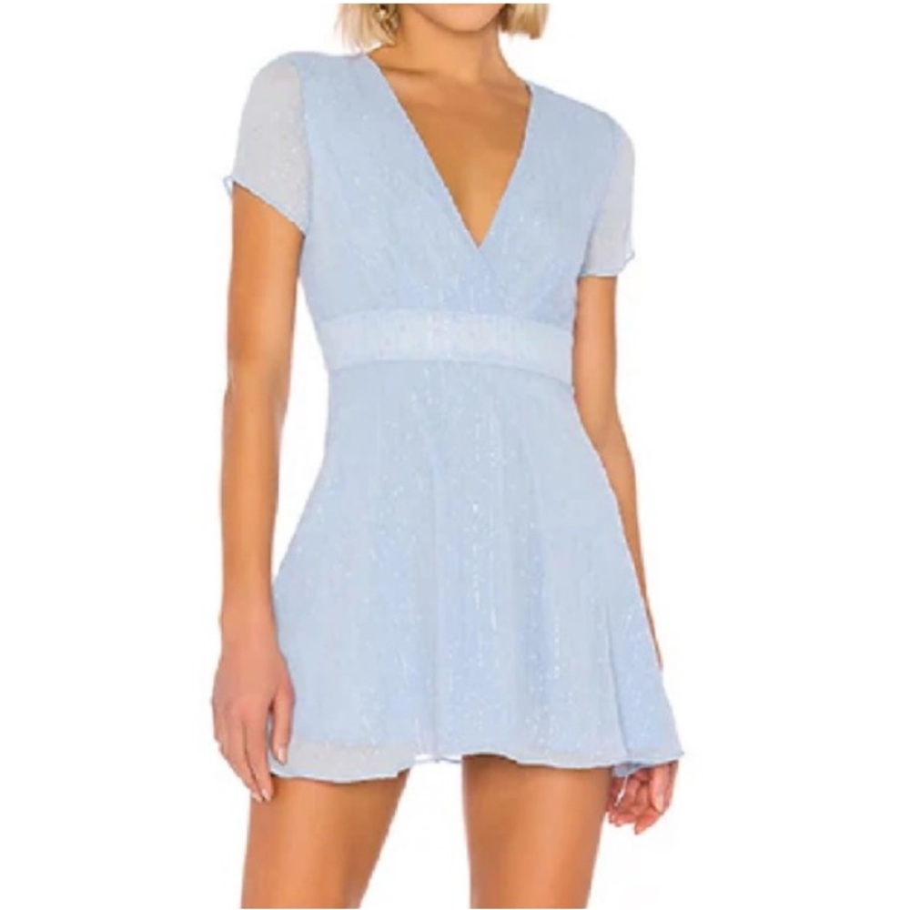 Superdown Bree Swiss Dot Mini Dress Blue V Neck Fit & Flare Size Small Revolve